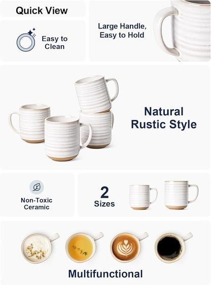Arctic white rustic ceramic mug set with ribbed design and easy-grip handles