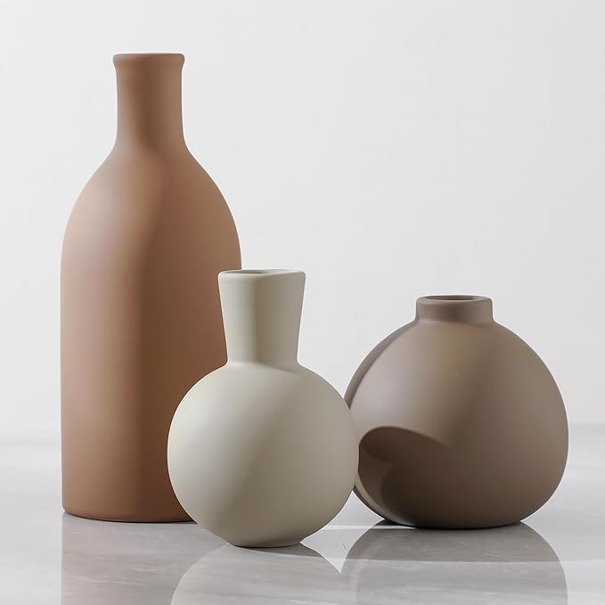 Ceramic vase set of 3, matte tan, white, and dark brown bud vases