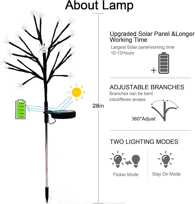 Solar garden light stake with adjustable branches and small solar panel base, 28 in height
