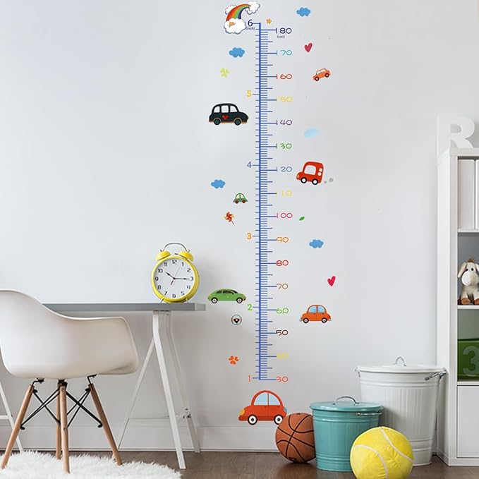 Vinyl growth chart wall decal with cartoon cars, clouds, hearts, and numbered height ruler