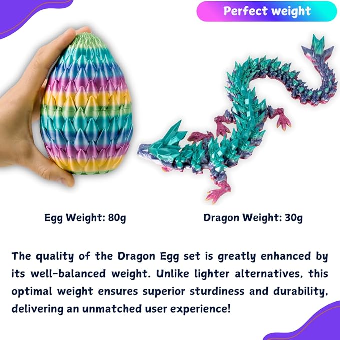 Rainbow striped 3D printed egg held in hand with articulated crystal dragon beside