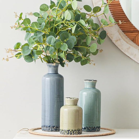 Set of 3 ceramic vases with blue, teal, and cream crackle-glaze finish, for flowers