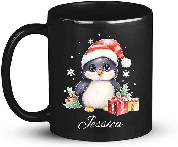 Black Christmas mug with penguin in Santa hat and name Jessica on front