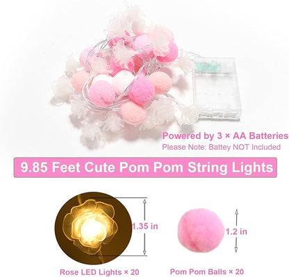 Pom-pom string light set with pink balls and warm rose LED bulbs, battery powered