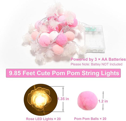 Pom-pom string light set with pink balls and warm rose LED bulbs, battery powered