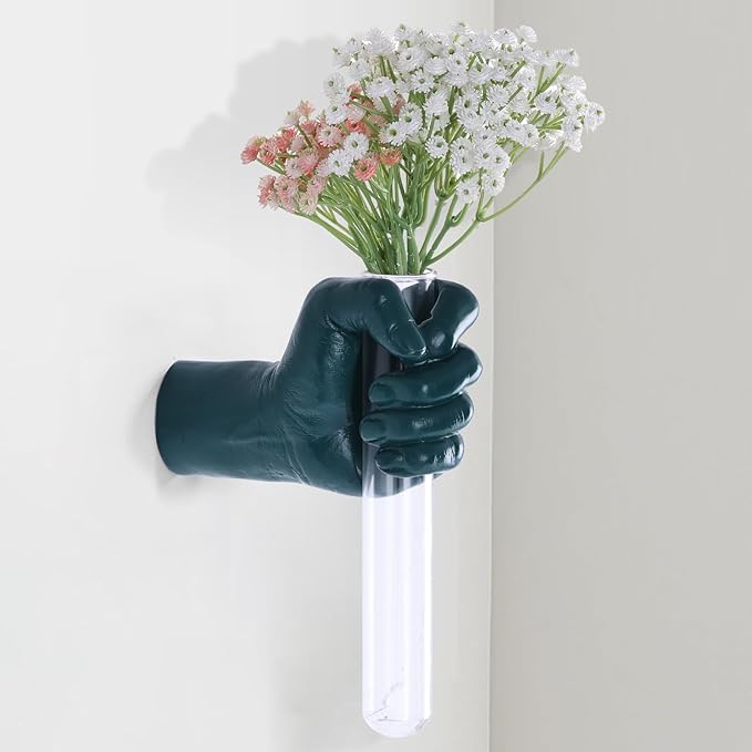 Green Hand Wall Vase Sculpture - Modern Wall-Mounted Glass Art with Test Tube Vase for Flowers, Plants, and Decorative Branches