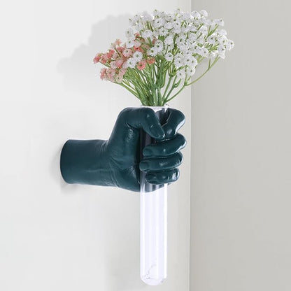 Green Hand Wall Vase Sculpture - Modern Wall-Mounted Glass Art with Test Tube Vase for Flowers, Plants, and Decorative Branches