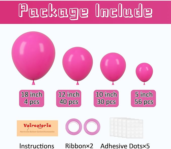 Hot Pink Balloon Garland Kit – 130pcs | 4 Sizes 5" 10" 12" 18" Natural Latex | Bold Birthday Valentine's Day Bachelorette Party Decorations