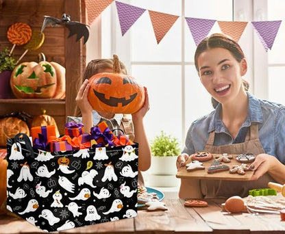 Black Halloween gift basket with white ghost pattern and side carry handles