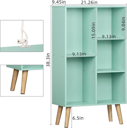 Mint Green 5-Cube Asymmetric Bookshelf with Wood Legs - Mid-Century Kids Bookcase for Nursery, Playroom, and Every Child's Room That Deserves a Bookshelf This Beautiful