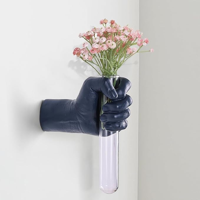 Blue Hand Wall Vase Sculpture - Modern Resin Wall Art with Test Tube Vase for Flowers, Plants, and Decorative Branches