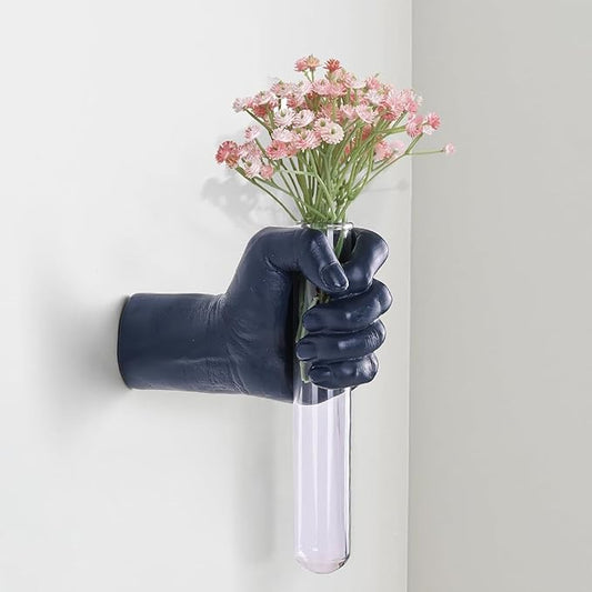 Blue Hand Wall Vase Sculpture - Modern Resin Wall Art with Test Tube Vase for Flowers, Plants, and Decorative Branches