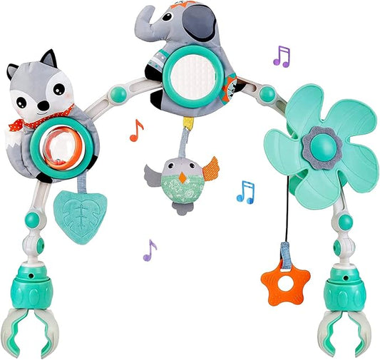 Gray baby activity arch mobile with animal toys, teal flower and ring light, music effects