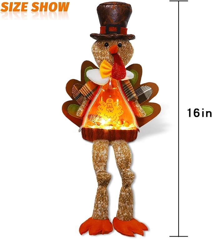 16 in light-up plush turkey doll with top hat and glowing orange chest, brown legs, orange feet