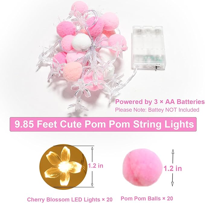 Cherry blossom string lights set with pink pom poms, flower LEDs, and battery box