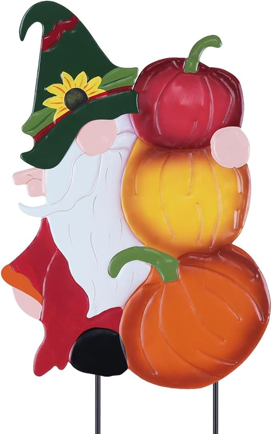 Metal gnome pumpkin stake topper, white beard with red and orange pumpkins, green hat