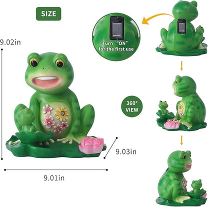Solar Frog Mother and Baby Garden Statue with 6 LED Lights - Resin Outdoor Family Decor