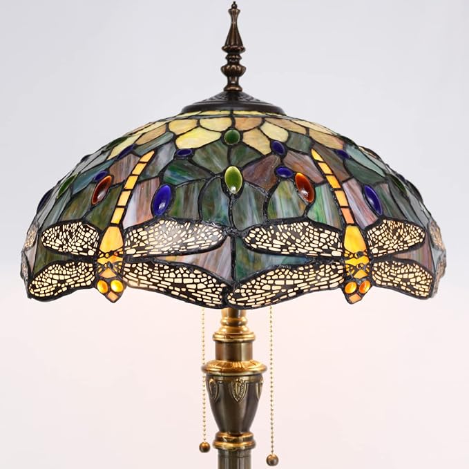 Multicolor stained glass floor lamp shade with green center and hanging pull-chain