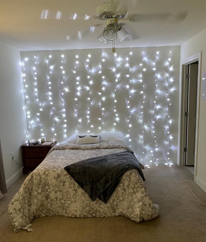 Cool White LED Curtain Fairy Lights – 306 LEDs 10x10ft | 18 Dense Strands 8 Modes Memory Function | Bedroom Wedding Party Backdrop Indoor