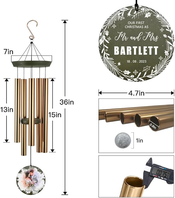 Personalized wind chime size diagram with gold tubes and two hanging round ornaments