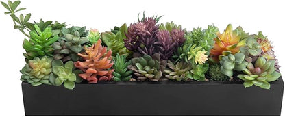 Black wood planter faux succulent centerpiece with assorted green, purple, and orange rosettes