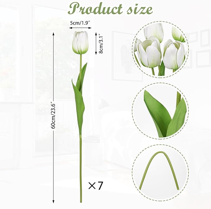 Set of 7 artificial tulip stems with white flowers and green leaves