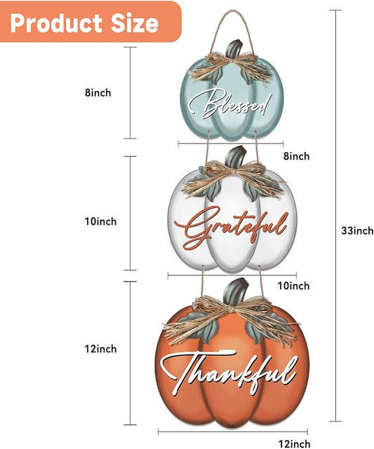 Set of three pumpkin wall signs with rope hanger: Blessed, Grateful, Thankful.