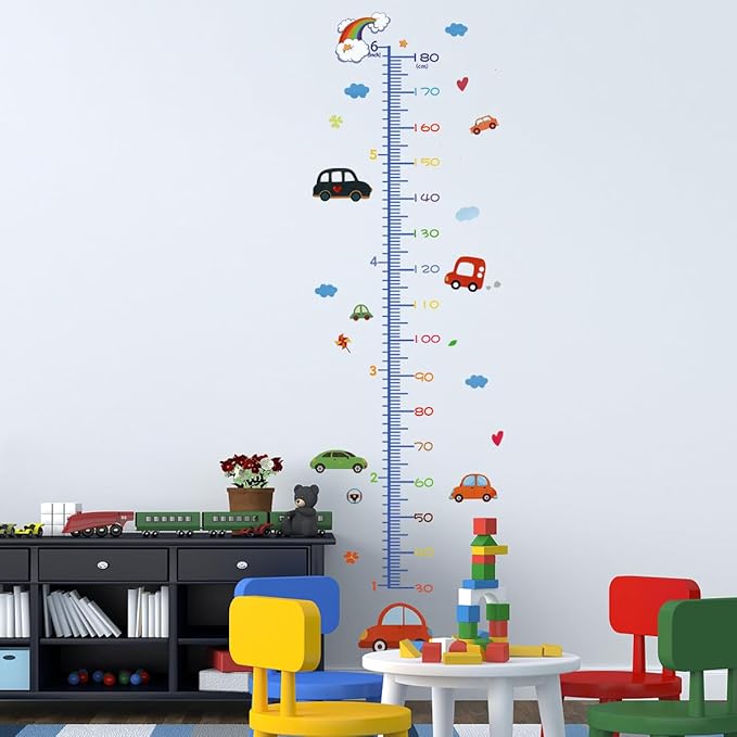 Vinyl height chart wall decal with cartoon cars, clouds, hearts, and colorful number scale