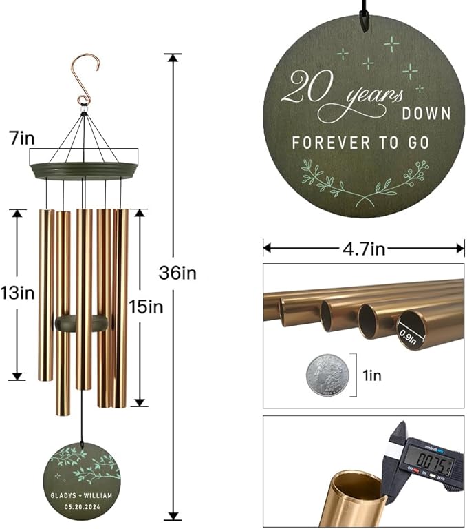 Gold metal wind chime with dark green 20 years down round keepsake disc