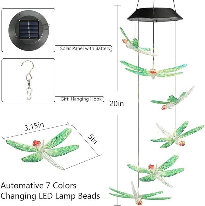 Solar wind chimes with green dragonfly mobile charms, 5in height, hanging hook and solar panel