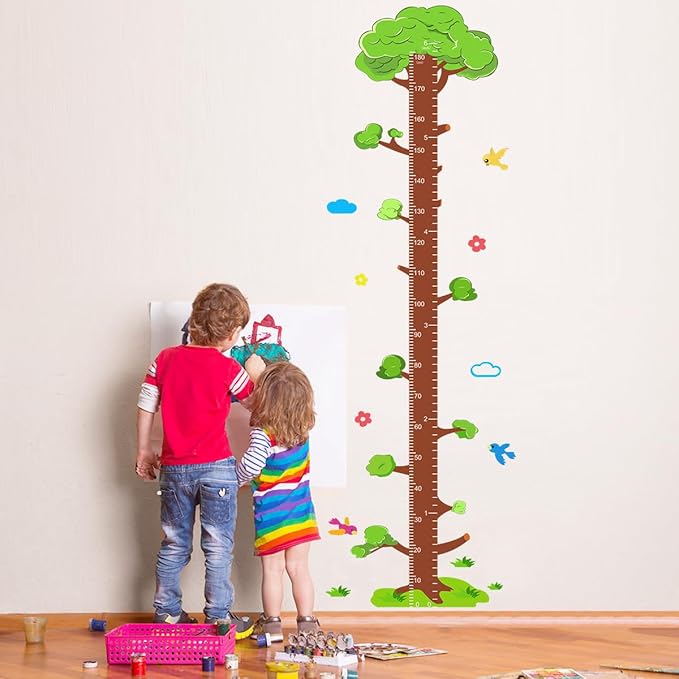 Tree vinyl baby growth chart wall decal with measuring scale and colorful critters