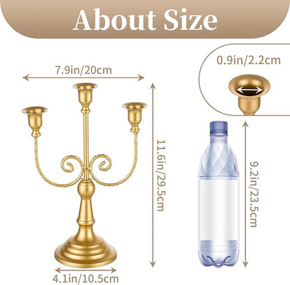 Gold three-stem taper candle holder diagram with pedestal base and wide candle cup
