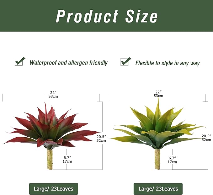 Two faux agave plants with wine-red spiky leaves, green centers, in small tan pots