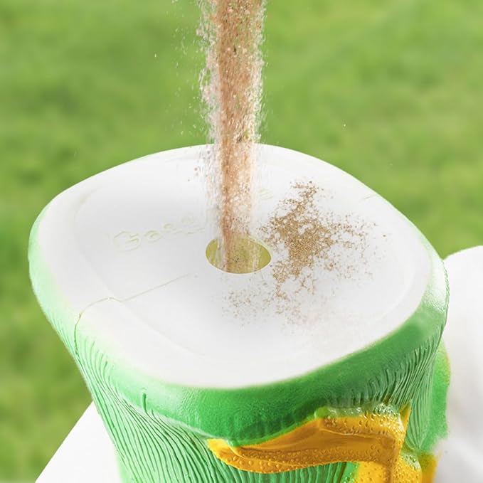 Close-up of the goose statue's green base with a fill opening