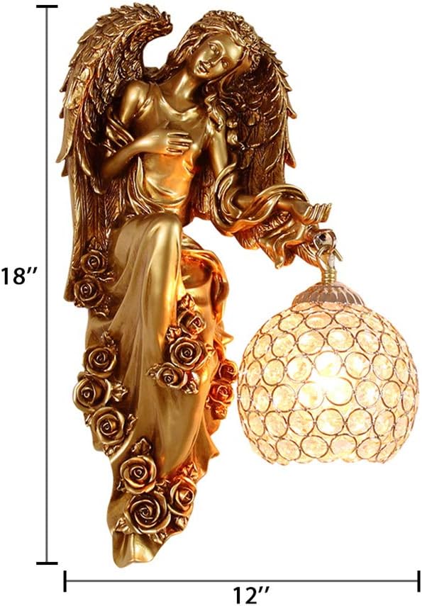 Gold angel wall sconce with clear crystal globe lamp shade, side view