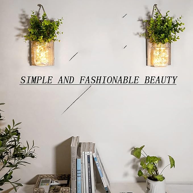 Mason Jar Wall Sconces – 2 Pack | LED Fairy Lights & Green Fake Plants | Rustic Farmhouse Wood Wall Decor | Living Room Bedroom Kitchen