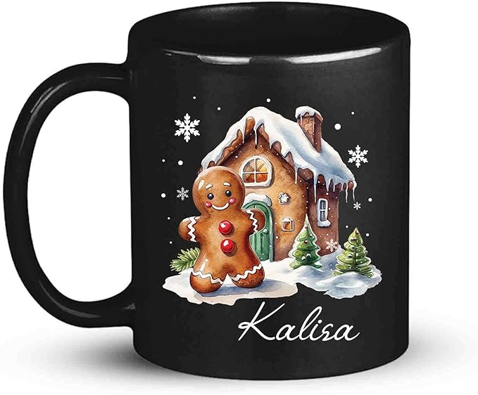 Black ceramic mug with gingerbread house and gingerbread man, personalized “Kalisa”.