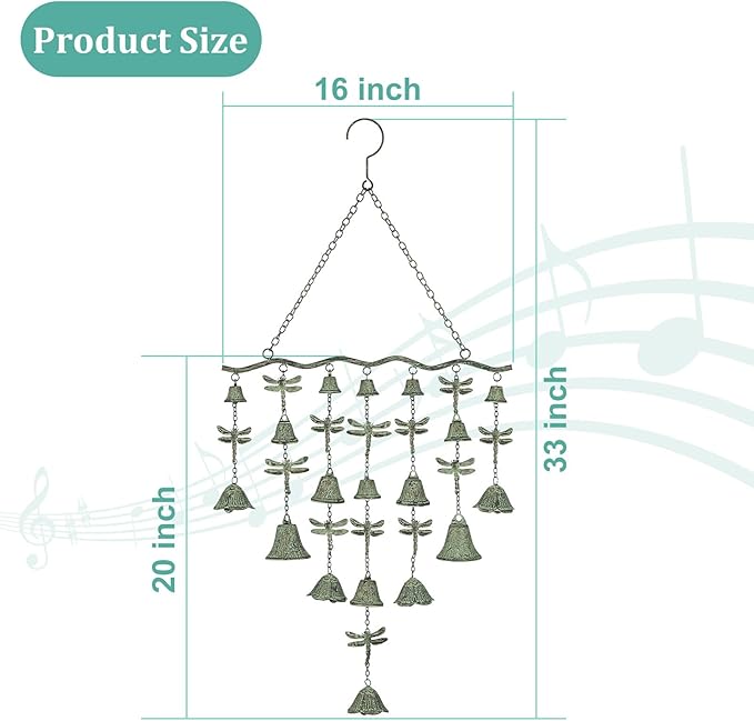 Large verdigris wind chime size diagram showing 16 in width and 20 in length