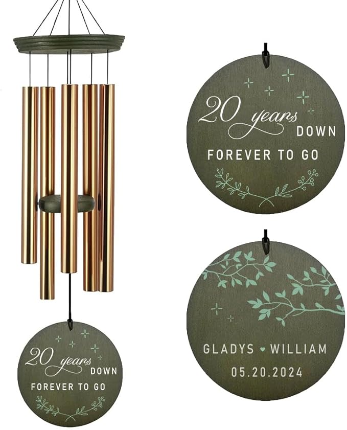 Gold and dark green 20th anniversary wind chime with round keepsake disc