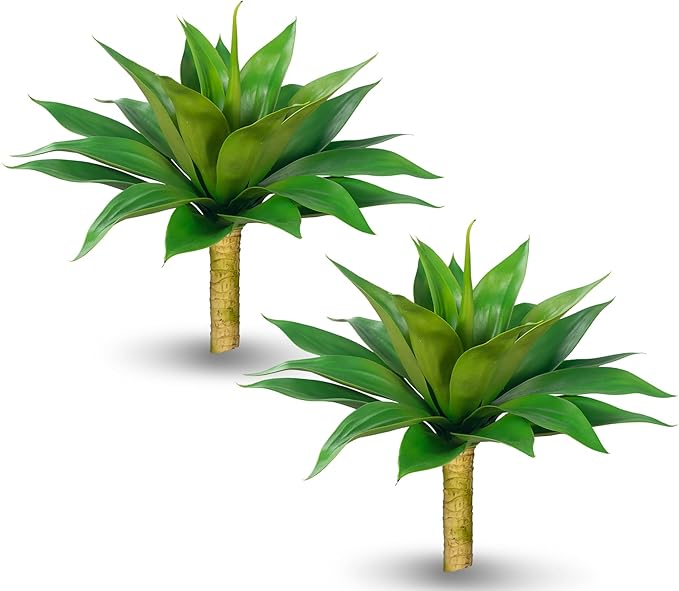 Two green faux agave plants with spiky leaves in tan-stem planters