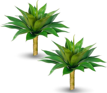Two green faux agave plants with spiky leaves in tan-stem planters