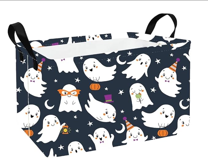 Rectangular navy fabric storage basket with handle, Halloween ghost and pumpkin pattern