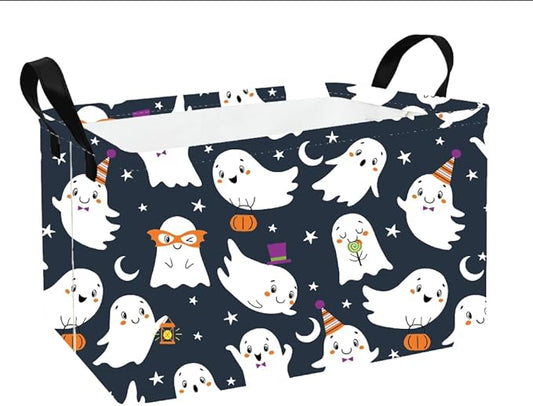 Rectangular navy fabric storage basket with handle, Halloween ghost and pumpkin pattern