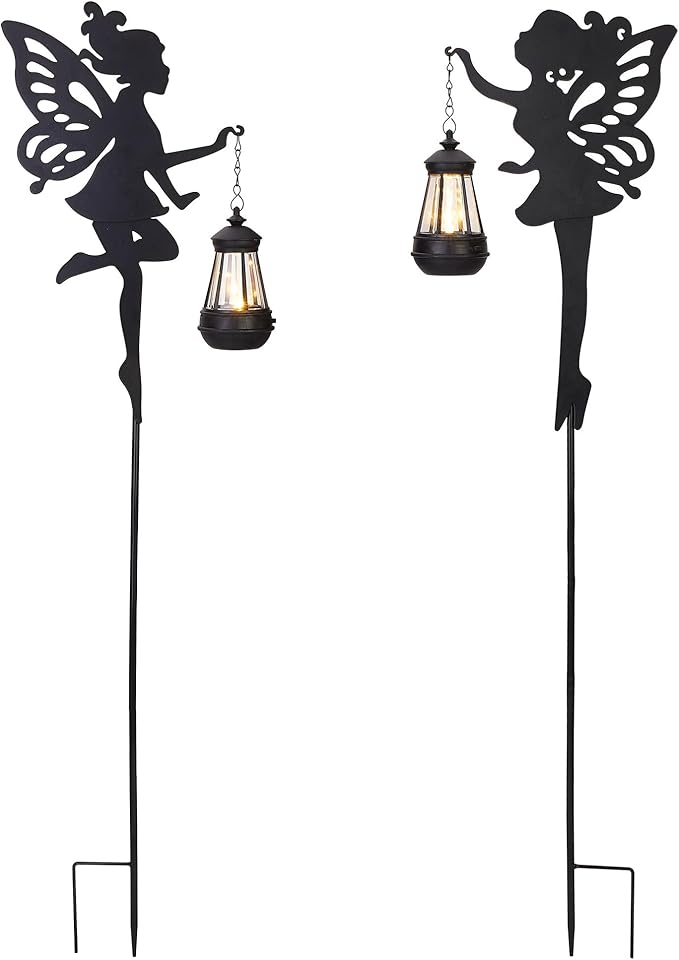 Pair black metal fairy solar stake lights with lanterns, butterfly-wing silhouettes