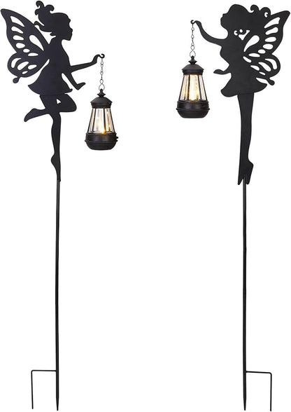 Pair black metal fairy solar stake lights with lanterns, butterfly-wing silhouettes