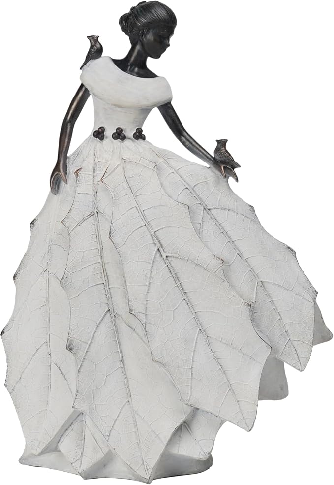 White resin fairy maiden statue with layered dress and small bird figure in hand