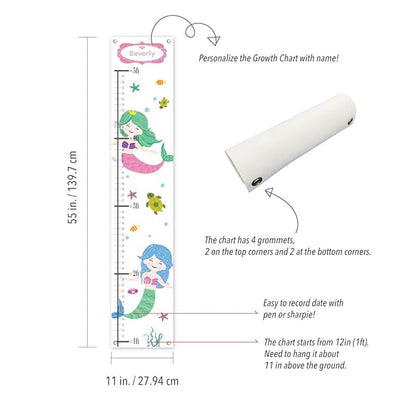 Personalized Mermaid Growth Chart for Kids – Canvas with Name | 55" x 11" | Measures 1ft–5ft | Made in USA | Kids Room Decor & Gift