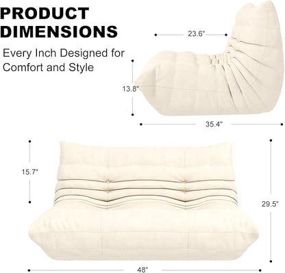 Cream Ripple Loveseat Floor Sofa - Togo-Style Foam Lounge Sofa with Wave Profile for Living Room, Reading Corner, and Japandi Interiors