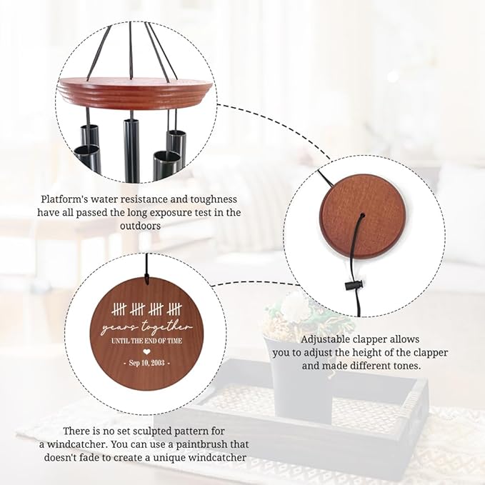 Wind chime with weatherproof round copper-toned disc and adjustable clapper