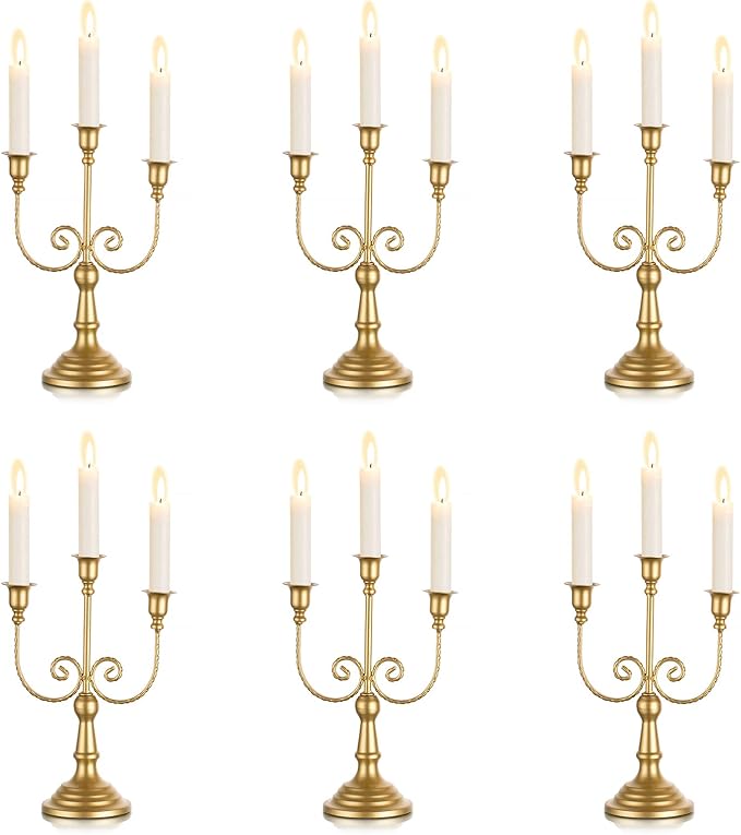 Gold metal 3-arm taper candle holder with curved vine arms and pedestal base.